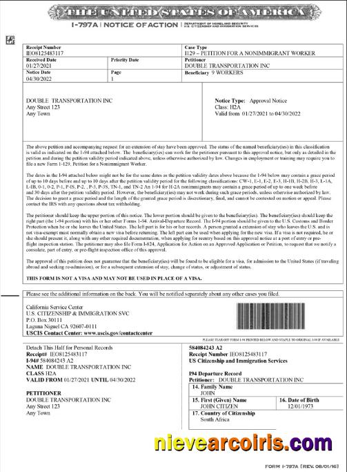 USA Form I-797A, Notice of Action